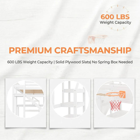 No Fuss Full Size Wooden Loft Bed With Built In Desk And Clever Storage Stairs, Equipped With A Smooth Slide And Basketball Hoop For Top Tier Kid Vibes, Slick White Frame That Delivers Serious Space Saving Flex features solid plywood slats and 600 lbs weight capacity.