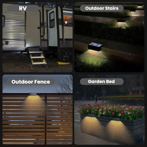 Various installations of Solar RV Step Lights For Camper And Trailer, No Wire LED Stair Light Strip, IP65 Waterproof.