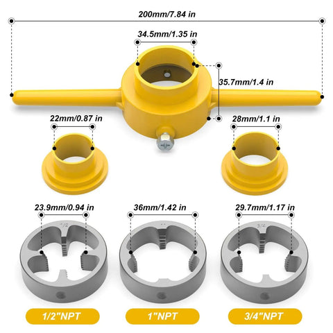 Meanlin 2Pcs Pipe Threader Kit With Npt Die Set For Plumbing Work featuring yellow handles and three alloy dies for accurate cutting.