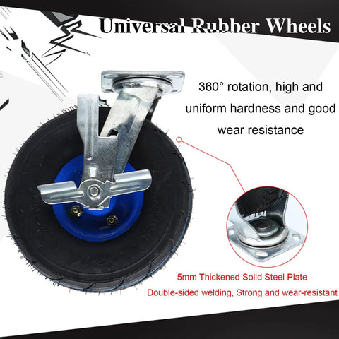Heavy Duty Swivel Plate Casters With Thick Rubber Tires And Reliable Side Lock Brakes 4 Pack close-up view with blue center and steel plate.