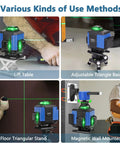 Green Beam 16 Lines Laser Level With Self Leveling, 150ft Range, various mounting methods shown in room setup