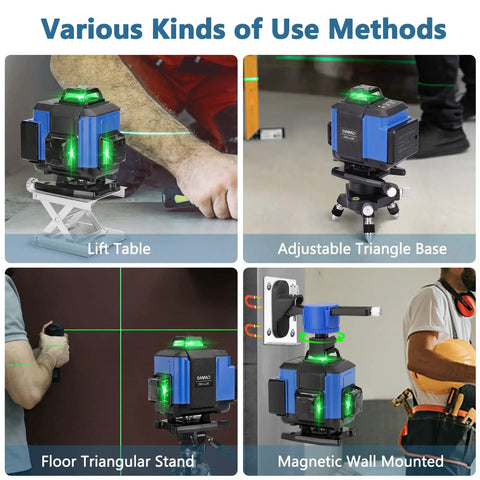 Green Beam 16 Lines Laser Level With Self Leveling, 150ft Range, various mounting methods shown in room setup
