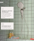 Verso Rain Showerhead And Hand Shower Combo With Infiniti Dial and Magnetix Docking 60 Inch Hose Chrome Finish in a tiled shower