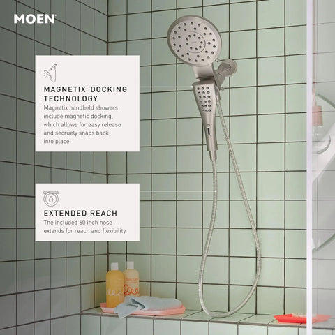 Verso Rain Showerhead And Hand Shower Combo With Infiniti Dial and Magnetix Docking 60 Inch Hose Chrome Finish in a tiled shower