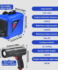 Straight Up 1800W Magnetic Induction Heater With Split Body showing dimensions, specs, and handheld design for rusted bolt removal.