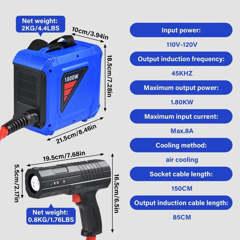 Straight Up 1800W Magnetic Induction Heater With Split Body showing dimensions, specs, and handheld design for rusted bolt removal.