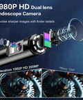 1980P HD dual lens endoscope camera diagram showing lens details and image quality comparison