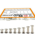Sweet Silver Chicago Screws Kit Badass 120 Piece Rivet Bolt Set with eight sizes displayed in organized case for easy access.