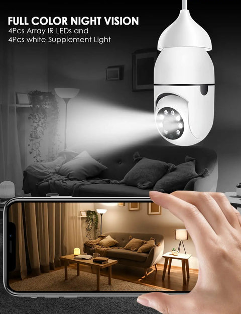 Light Bulb Security Camera With 1080P Full HD, 360 Degree Panoramic View, infrared night vision, connected to smartphone app