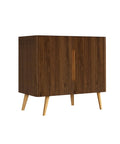 High End Premium Extra Wide Striped Walnut Freestanding Bathroom Vanity Featuring Modern Handless Cabinet Design, side view showcasing striped veneer and tapered legs.