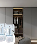 4 Pack Sliding Closet Door Hardware Roller Kit for Wardrobe and Cabinet Doors, Top-Hung Bypass Track System, fits 3/4 to 1-3/8 inch thick doors, includes 4 heavy duty iron rollers and 8 screws, shown in front of closet doors.
