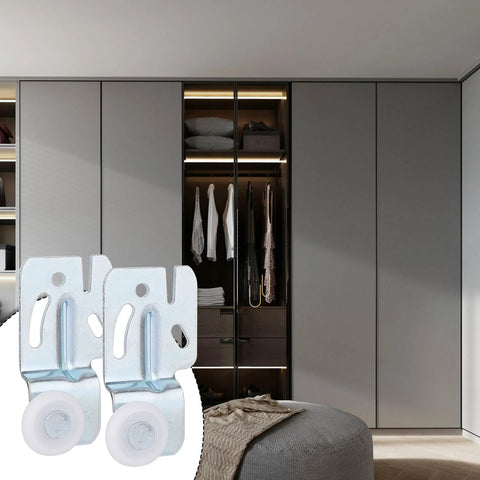 4 Pack Sliding Closet Door Hardware Roller Kit for Wardrobe and Cabinet Doors, Top-Hung Bypass Track System, fits 3/4 to 1-3/8 inch thick doors, includes 4 heavy duty iron rollers and 8 screws, shown in front of closet doors.