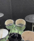 Heavy Hitter One Pack Egg Crate Foam Soundproof Wall Panels Top Shelf Acoustic Treatment For Music Studio And Bedroom Wall 48 By 24 By 2 Inches Black Fire Rated Noise Canceling behind a drum set.