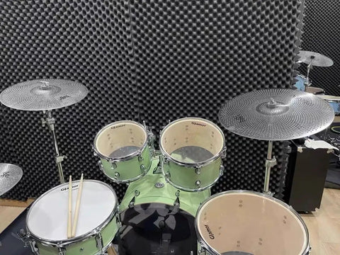 Heavy Hitter One Pack Egg Crate Foam Soundproof Wall Panels Top Shelf Acoustic Treatment For Music Studio And Bedroom Wall 48 By 24 By 2 Inches Black Fire Rated Noise Canceling behind a drum set.