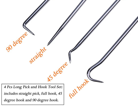 4-piece pick and hook tool set with 90 degree pick, straight pick, 45 degree hook, and full hook on white background.