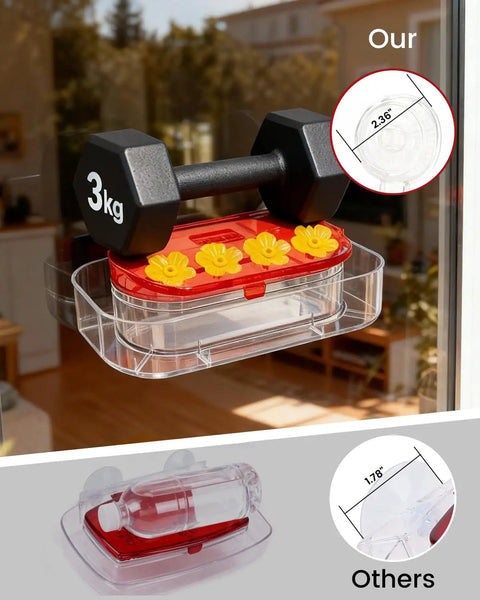 Window Hummingbird Feeder With Dual Suction Cups 4 Feeding Ports Easy To Clean And Refill Clear Plastic Hummingbird Feeder For Garden Ideal Gift 10Oz, holding a 3kg weight to showcase suction strength.