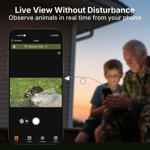 Live view on phone showing raccoon in outdoor scene with people enjoying nature, Slick Non Cellular Wifi Trail Camera With Dual Antenna And Beefy 7800 Mah Battery Slings A Lightning Fast Trigger Shot With Killer 64 Mp Pics And Crisp 1296 P Hd Video Plus Ready To Go Memory Card For Zero Headache Outdoor Scouting.