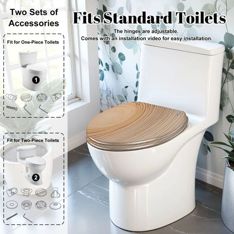Elongated Resin Toilet Seat for Bathroom on a standard toilet showcasing adjustable hinges and installation guides.