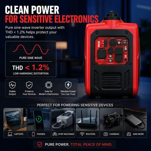 Front view of 4500W Portable Inverter Generator For Home And Outdoor Use, Ultra Quiet Gas Powered Backup Power With Eco Mode.