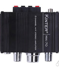 Top view of a black 12V 2 Channel Mini Digital Car Audio Power Amplifier For DIY Home Garage Use With RCA MP3 Input And LED Volume Knob, Delivers 18W Per Channel, Compact 12V DC Amp, No Power Supply Included, Red.