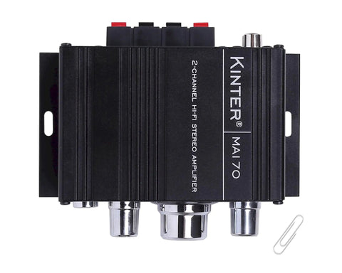 Top view of a black 12V 2 Channel Mini Digital Car Audio Power Amplifier For DIY Home Garage Use With RCA MP3 Input And LED Volume Knob, Delivers 18W Per Channel, Compact 12V DC Amp, No Power Supply Included, Red.