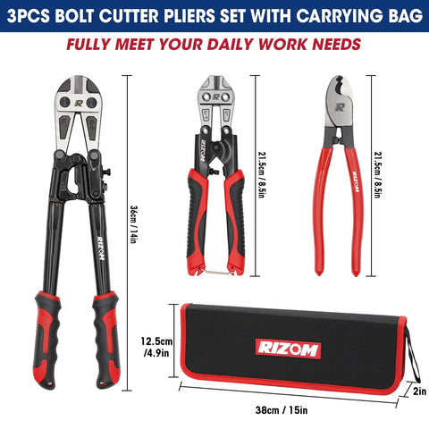 RIZOM 3-piece bolt cutter set with carrying bag; 14in bolt cutter, 8in mini bolt cutter, and 8in wire cutter.