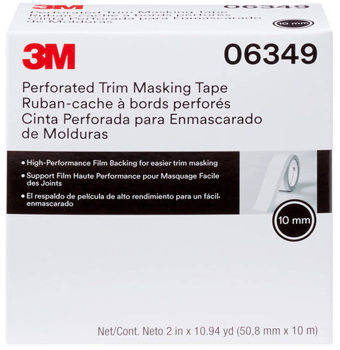 Product box of Perforated Trim Masking Tape For Auto Molding Protection Hand Tear Hard Band Edge Lifts Moldings For Concealed Paint Edges Speeds Paint Time Saves On Replacement 50.8 mm By 10 M Roll 10 mm Wide with bilingual text and tape image inset.