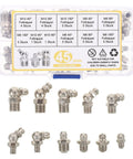 Top Tier Metric Grease Fitting Zerk Kit M6 M8 M10 Straight And Angled Silver Finish Heavy Duty Auto Repair And Tractor Maintenance For Quick Lube Swaps, 45-piece carbon steel set