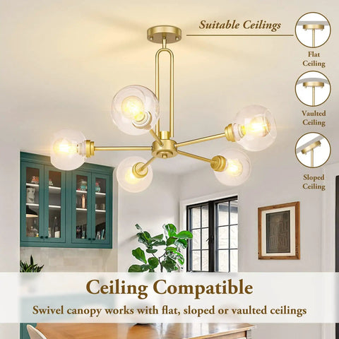 Gold Globe Giant Pendant Chandelier 5 Light Sputnik Ceiling Fixture With Dope Clear Glass Shades in dining room setting