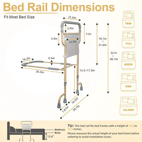 Dimensions of Heavy Duty Bed Rail For Seniors With Non Slip Ergonomic Handle And Handy Storage Pocket Swivel Bed Cane