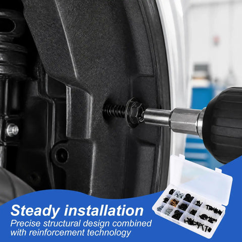Close-up of a screw being installed in a car panel from 160 Piece Universal Car Body Panel Screws And Fasteners Kit.