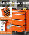 Heavy Duty Steel Rolling Tool Chest Bad Boy With Lockable Caster Wheels And Slick Ball Bearing Drawers Hella Tough Portable Storage Cabinet For Garage Workshop In Bright Orange with four drawers and caster wheels.
