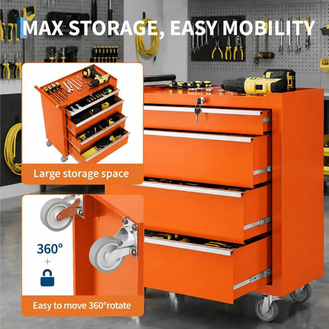 Heavy Duty Steel Rolling Tool Chest Bad Boy With Lockable Caster Wheels And Slick Ball Bearing Drawers Hella Tough Portable Storage Cabinet For Garage Workshop In Bright Orange with four drawers and caster wheels.