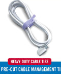 Coiled white cord secured with pastel purple tie, featuring Pastel Cable Ties Heavy Duty Reusable Bulk Pack Must-Have 60 Count 8 Inch by 0.5 Inch One Wrap Straps for Wire Management Color-Coded Bright Colors Ideal for Crafts Office Home Classroom Worksite on label.