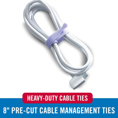 Coiled white cord secured with pastel purple tie, featuring Pastel Cable Ties Heavy Duty Reusable Bulk Pack Must-Have 60 Count 8 Inch by 0.5 Inch One Wrap Straps for Wire Management Color-Coded Bright Colors Ideal for Crafts Office Home Classroom Worksite on label.