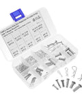 100 Piece Assorted Cotter Pin And Hitch Pin Kit For Quick Install And Easy Removal With R Clips And Safety Locks Heavy Duty All Purpose Trailer Hitch Rigging Gear For Outdoor Use, clear plastic case with silver zinc plated pins