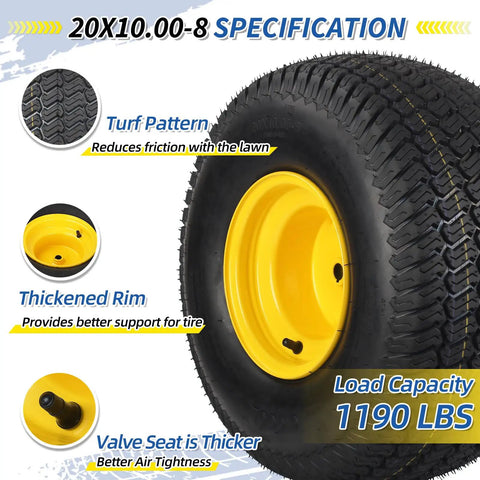 20x10.00-8 Lawn Mower Tire and Wheel Tubeless 4 Ply 3.5 Inch Offset Hub 3/4 Bore 3/16 Keyway Replacement for Riding Tractor