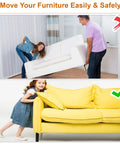Top image shows two people struggling to lift a sofa. Bottom image shows a child easily moving a yellow sofa with sliders.