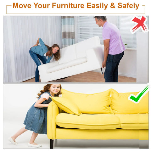 Top image shows two people struggling to lift a sofa. Bottom image shows a child easily moving a yellow sofa with sliders.