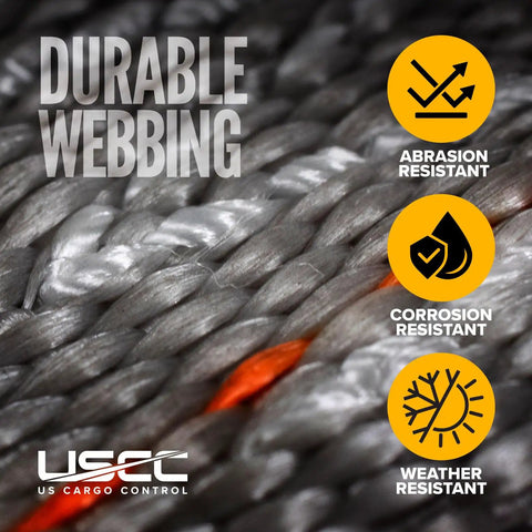Close-up of durable webbing showing abrasion, corrosion, and weather resistance for Beefy Heavy Duty E Track Straps 2 Inch By 16 Foot.