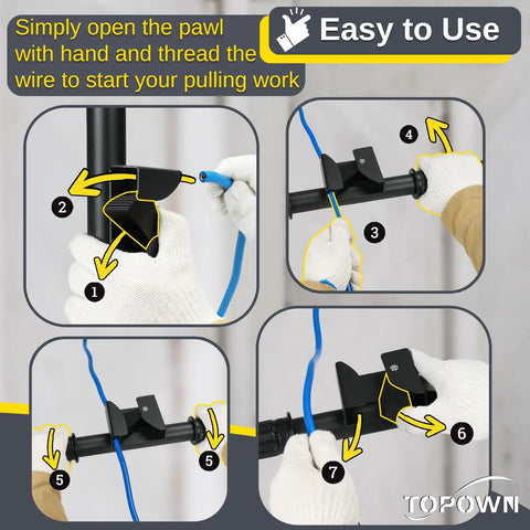 Manual Rope Puller Tool For Fish Tape And Wire Tug, Heavy Duty Wire Tugger Gripper demonstrating easy use instructions to thread wire.