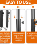 4 Pack Adjustable Table Leg Extenders With Wheels, Heavy Duty Steel Furniture Risers labeled for easy installation steps.