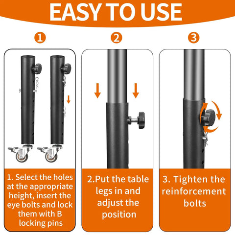 4 Pack Adjustable Table Leg Extenders With Wheels, Heavy Duty Steel Furniture Risers labeled for easy installation steps.
