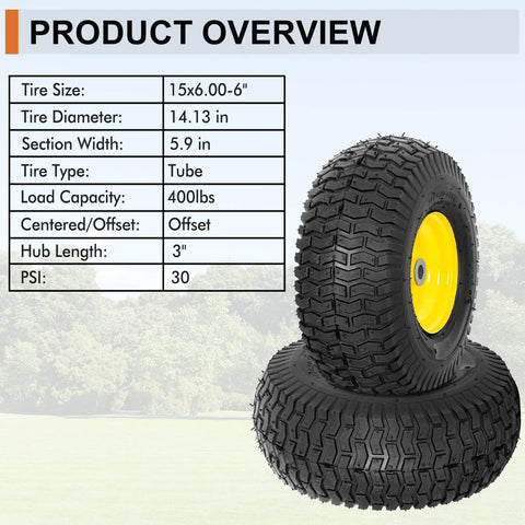 2 Pack Front Tire And Wheel Assembly For Riding Mowers 15x6.00-6 Fits 100 And 300 Series With 3 Inch Offset Hub And Adapter Kit