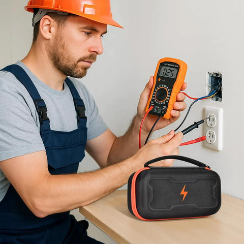 Technician using multimeter with Universal Multimeter Case Gear For Electrical Tools Keeps Pro Grade MM300 MM325 nearby on table.