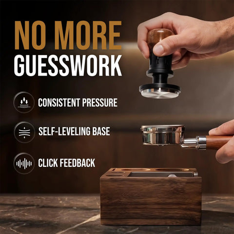 Hand using 58mm Espresso Tamper with Self Leveling Base, Spring Loaded and Audible Click, stainless ripple base, walnut handle.