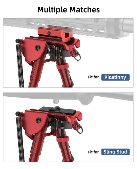 Dope Carbon Fiber Rifle Bipod For Picatinny Rails, Extendable 6 To 9 Inches, shown with red carbon fiber and swivel stud mount