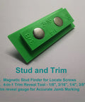 No Fuss 4 In 1 Trim Reveal Tool For Spot On Door Jamb Cut Marks And Heavy Duty Magnetic Stud Finder With Battery Free Operation And Compact Toolbag Design For Weekend Warriors, featuring green plastic gauge with magnetic studs.