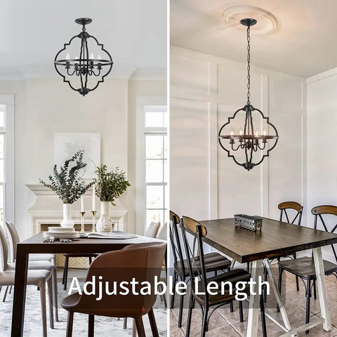 Rustic Farmhouse Black Chandelier For Dining Room And Living Areas With Industrial Metal Design, hanging over dining table