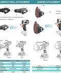 Top Shelf 10 In 1 Cordless Power Tool Combo Kit with drill and sander attachments showing torque settings and fitting joints.